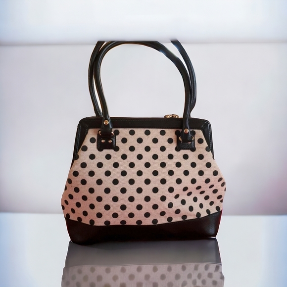 Kate Spade canvas top handle handbag. Polka dot print. Leather, cotton - Picture 9 of 10